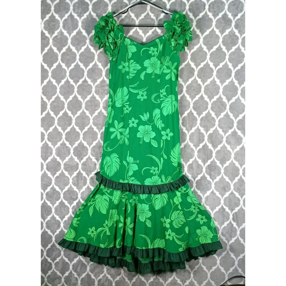 VTG Royal Creations Hawaiian Dress Size Medium Green Plumeria Ruffle Tiki Bar